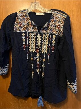 Sorrento Embroidered Navy Tassel Peasant Blouse Size S Boho Rayon